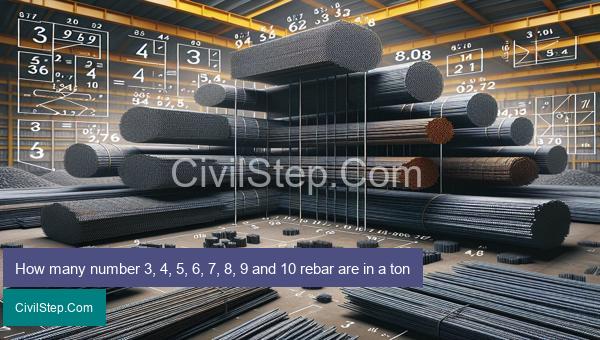 How many number 3, 4, 5, 6, 7, 8, 9 and 10 rebar are in a ton