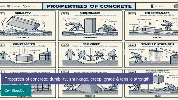 Properties of concrete: durability, shrinkage, creep, grade & tensile strength
