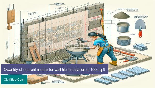 Quantity of cement mortar for wall tile installation of 100 sq.ft