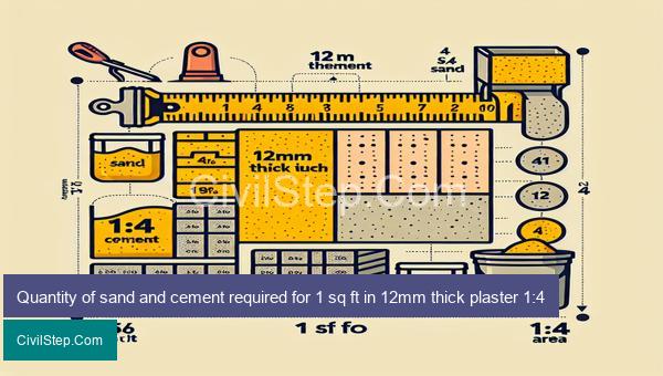 Quantity of sand and cement required for 1 sq ft in 12mm thick plaster 1:4