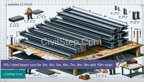 RSJ steel beam size for 3m, 4m, 5m, 6m, 7m, 8m, 9m and 10m span