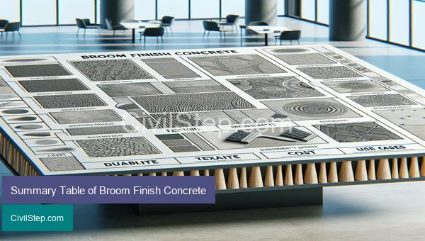 Summary Table of Broom Finish Concrete