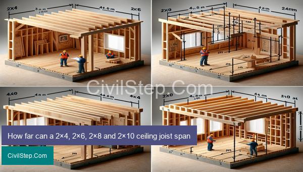 How far can a 2×4, 2×6, 2×8 and 2×10 ceiling joist span